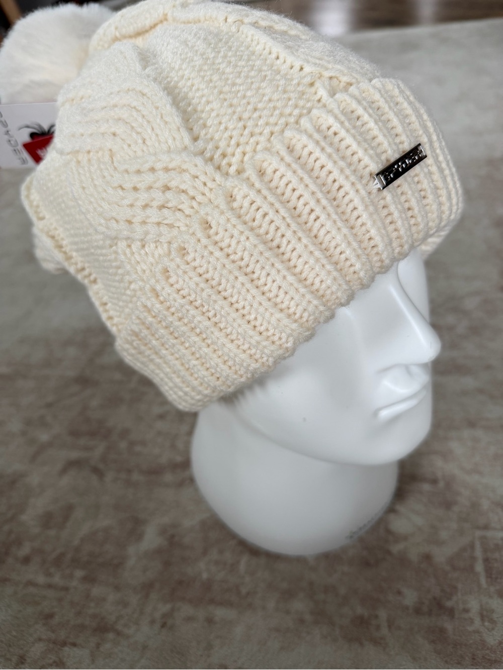 Spyder Cream Cable-Knit Pom Pom Beanie